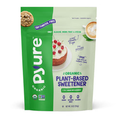 Pyure Organic Sweetener bottle pour shows 1:1 sugar replacement in coffee.