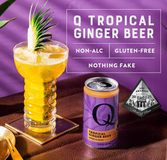 Q MIXERS Tropical Ginger Beer ingredients display featuring pineapple, passion fruit, and mango