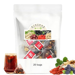 Qiuumey Ginseng Five Treasures Tea packaging highlights natural ingredients for a soothing energy boost.