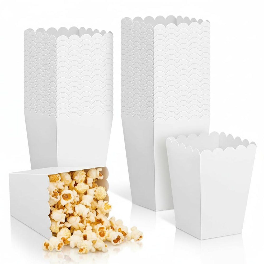 QMNWJMR white mini popcorn boxes flat pack ready for quick setup at events.
