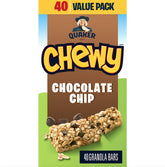 Quaker Chewy Chocolate Chip Granola Bars box packaging, ideal for family snacks.