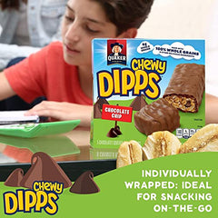 Quaker Chewy Dipps Chocolate Chip bars in hand for lunchbox.