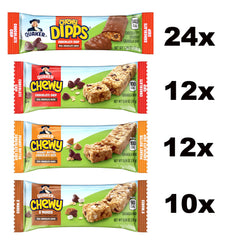 Quaker Chewy Dipps chocolate-covered bars close-up, chocolatey bite.