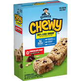 Quaker Chewy Lower Sugar Granola Bar packaging featuring Chocolate Chip and 25% less sugar