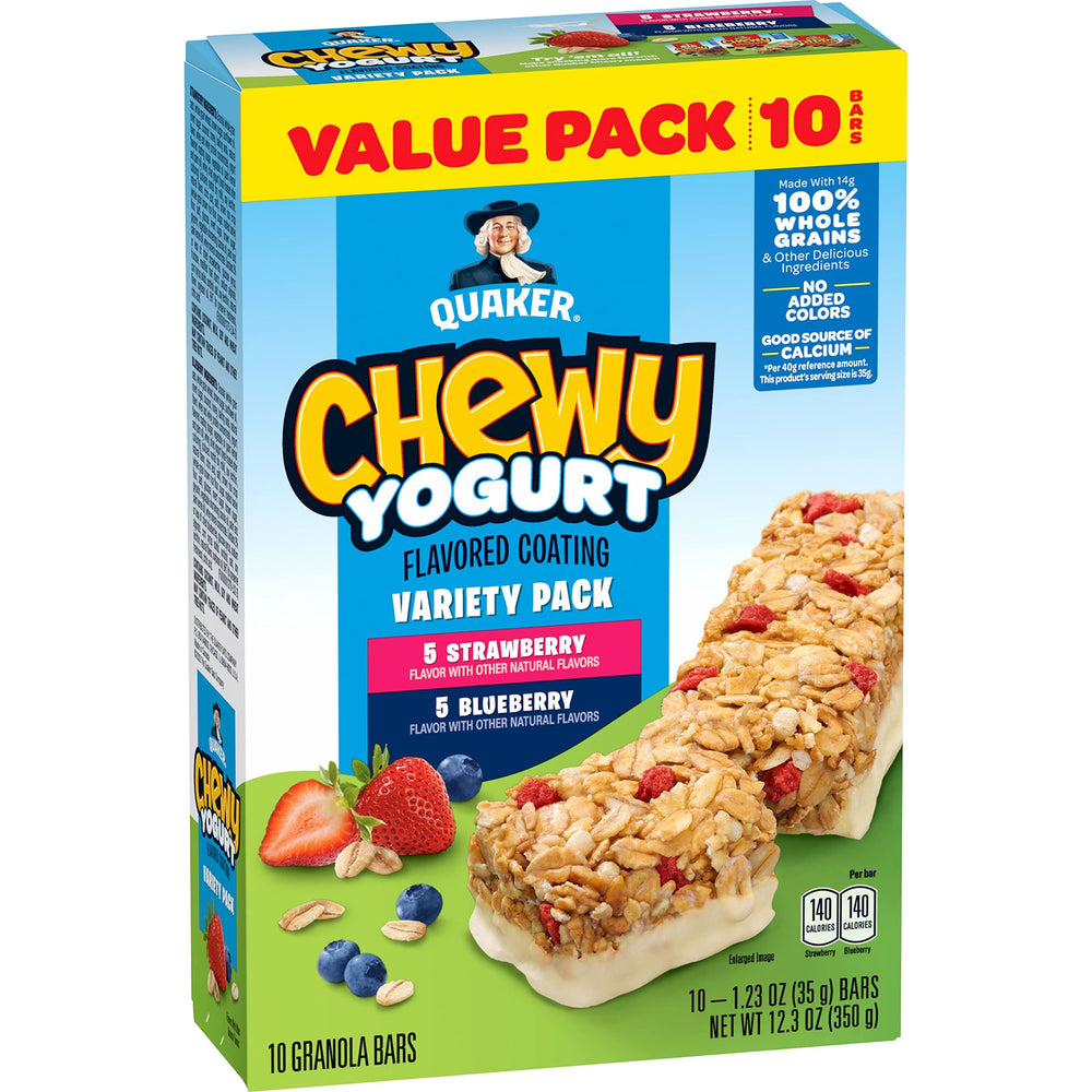 Quaker Chewy Yogurt Bars Variety Pack 10ct, front view, convenient on-the-go snack option.