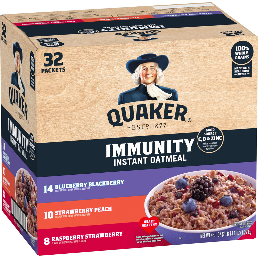 Quaker Immunity Instant Oatmeal Strawberry Peach packets for quick, vitamin-rich breakfast on the go.