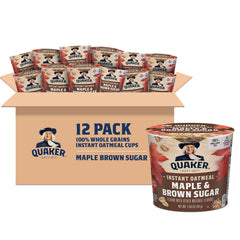 Quaker Instant Oatmeal Express Cups Maple & Brown Sugar, convenient 12-pack for on-the-go mornings.