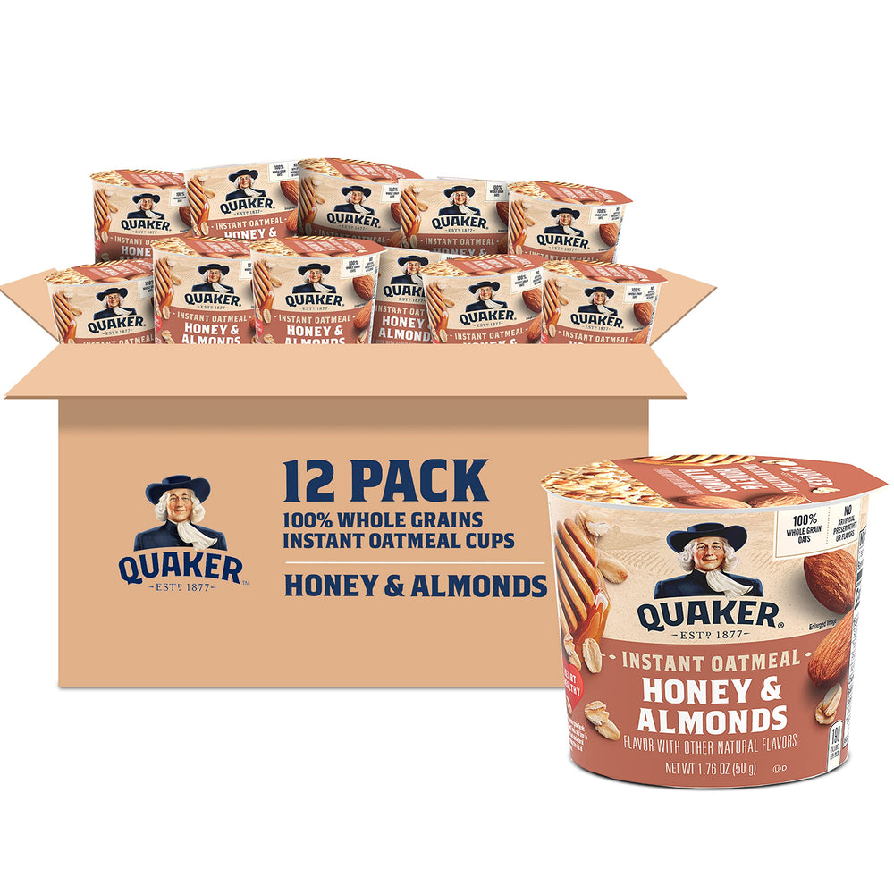 Quaker Instant Oatmeal Express Honey & Almonds cup front, convenient breakfast on the go.