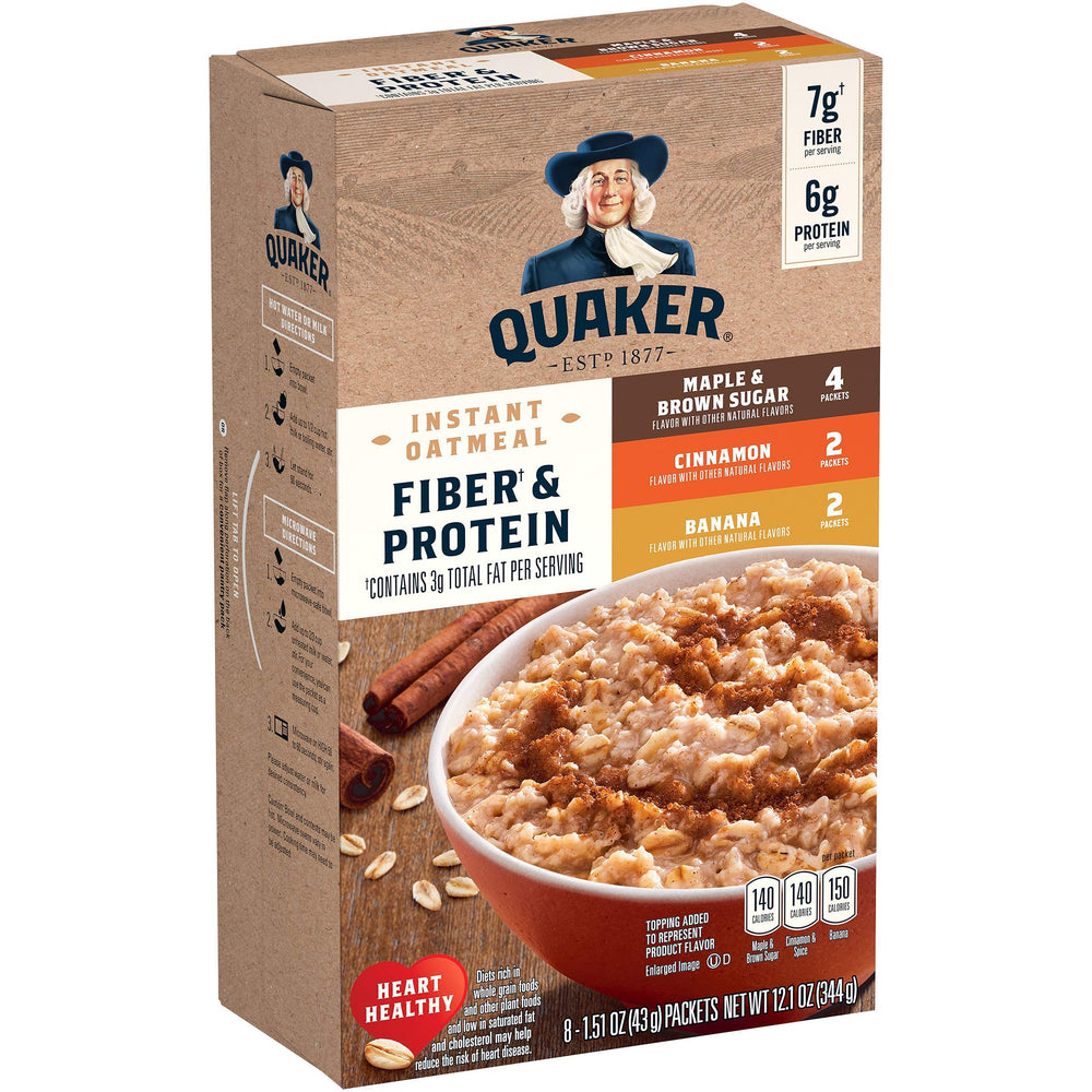 Quaker Instant Oatmeal Fiber & Protein Variety Pack front view, convenient breakfast option
