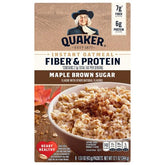 Quaker Instant Oatmeal maple brown sugar front packaging, convenient breakfast option.