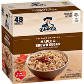 Quaker Instant Oatmeal Maple & Brown Sugar packets provide a quick breakfast option.