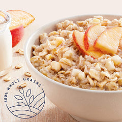 Quaker Instant Oatmeal Peaches & Cream packet close-up highlighting no artificial flavors