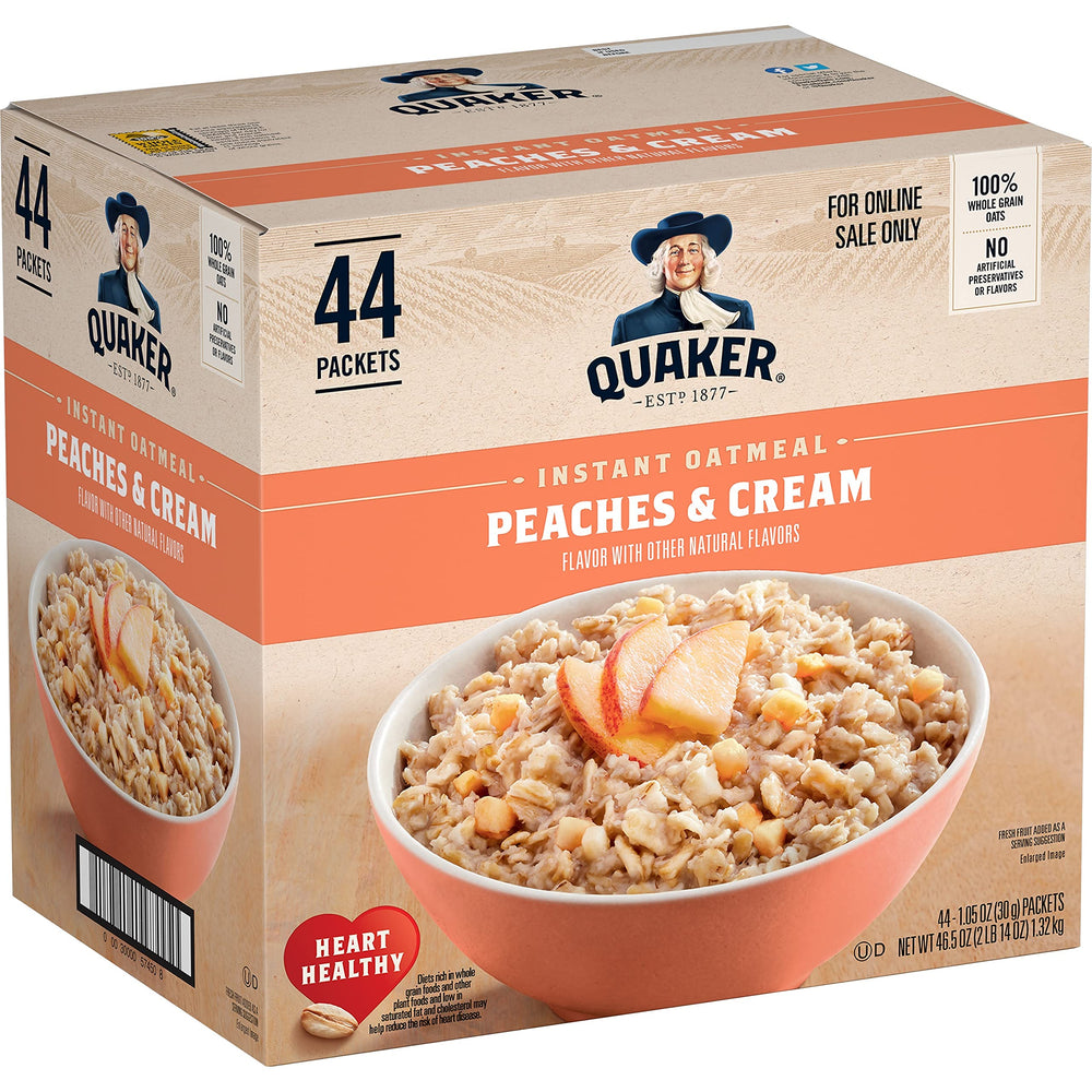 Quaker Instant Oatmeal Peaches & Cream pack shot with 44 sachets for quick breakfasts