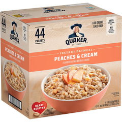 Quaker Instant Oatmeal Peaches & Cream pack shot with 44 sachets for quick breakfasts