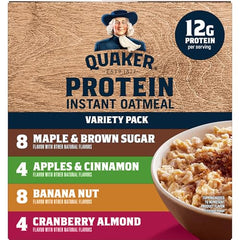 Quaker Instant Oatmeal Protein Banana Nut packet beside fresh banana slices.