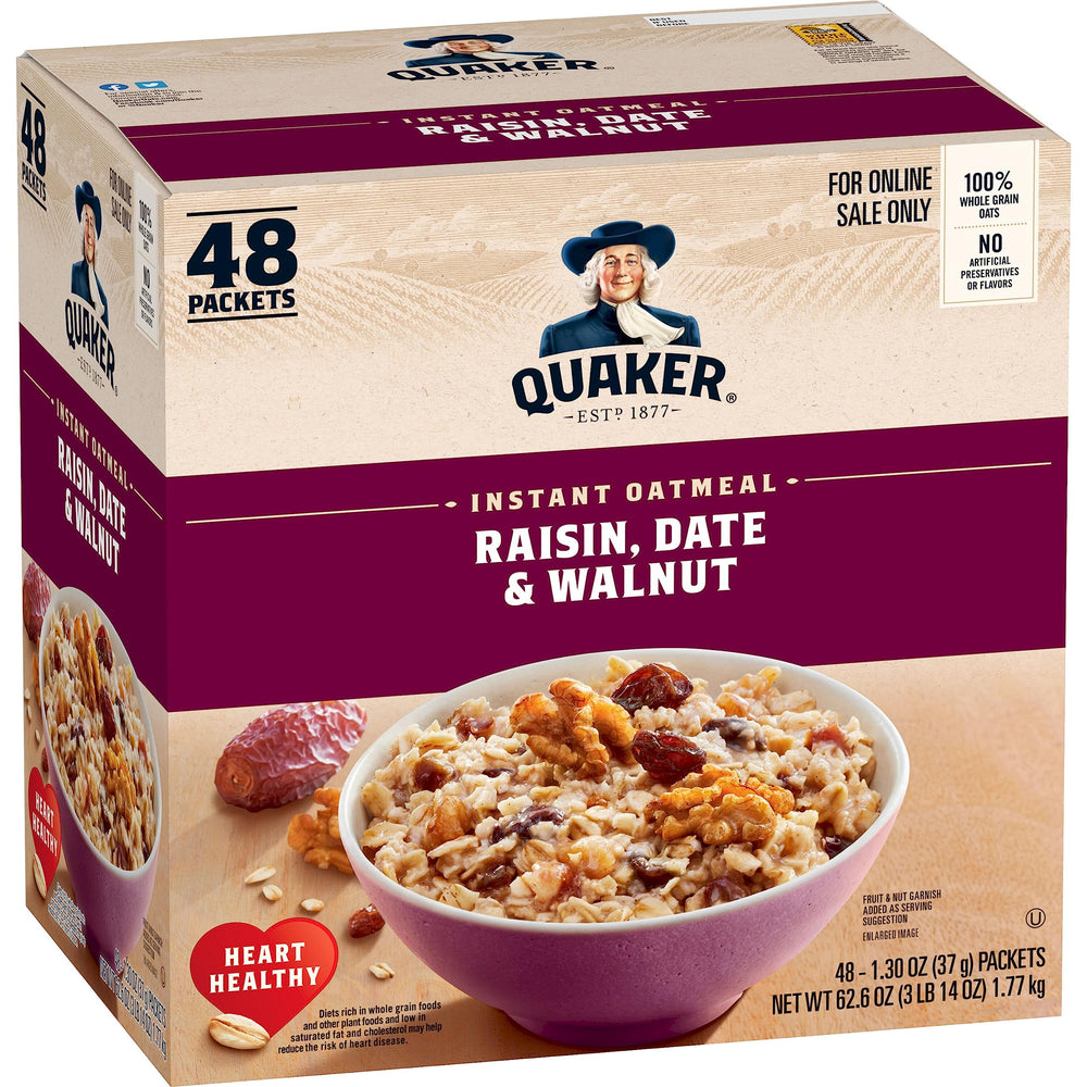 Quaker Instant Oatmeal Raisin Date Walnut pack front, ready-to-eat breakfast option.