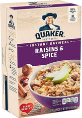 Quaker Instant Oatmeal Raisin & Spice packaging for a quick breakfast option.