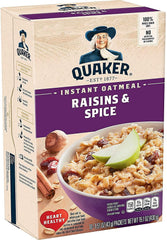 Quaker Instant Oatmeal Raisin & Spice packaging for a quick breakfast option.