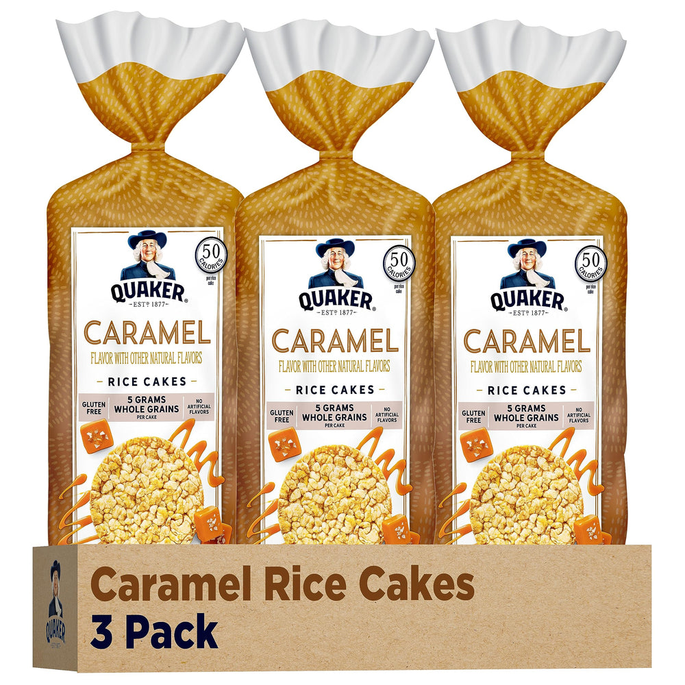 Quaker large rice cakes caramel pack 3 label image showing crisp, wholesome snack option