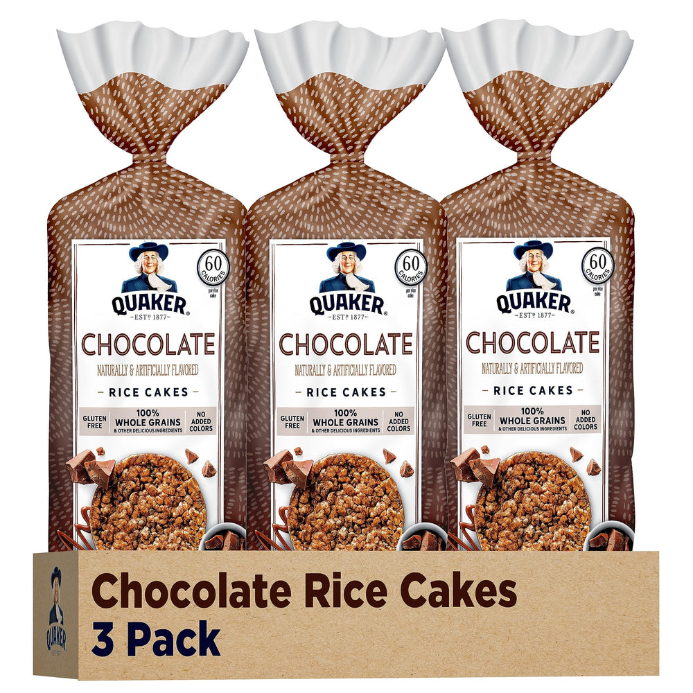 Quaker Large Rice Cakes Chocolate pack-front, ready-to-snack option for on the go