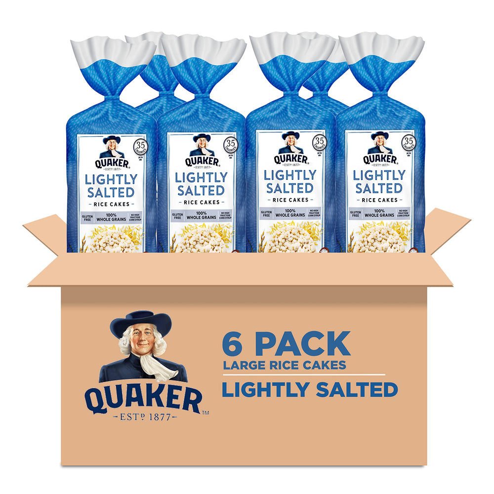Quaker Large Rice Cakes lightly salted on front of pack, ideal base for toppings