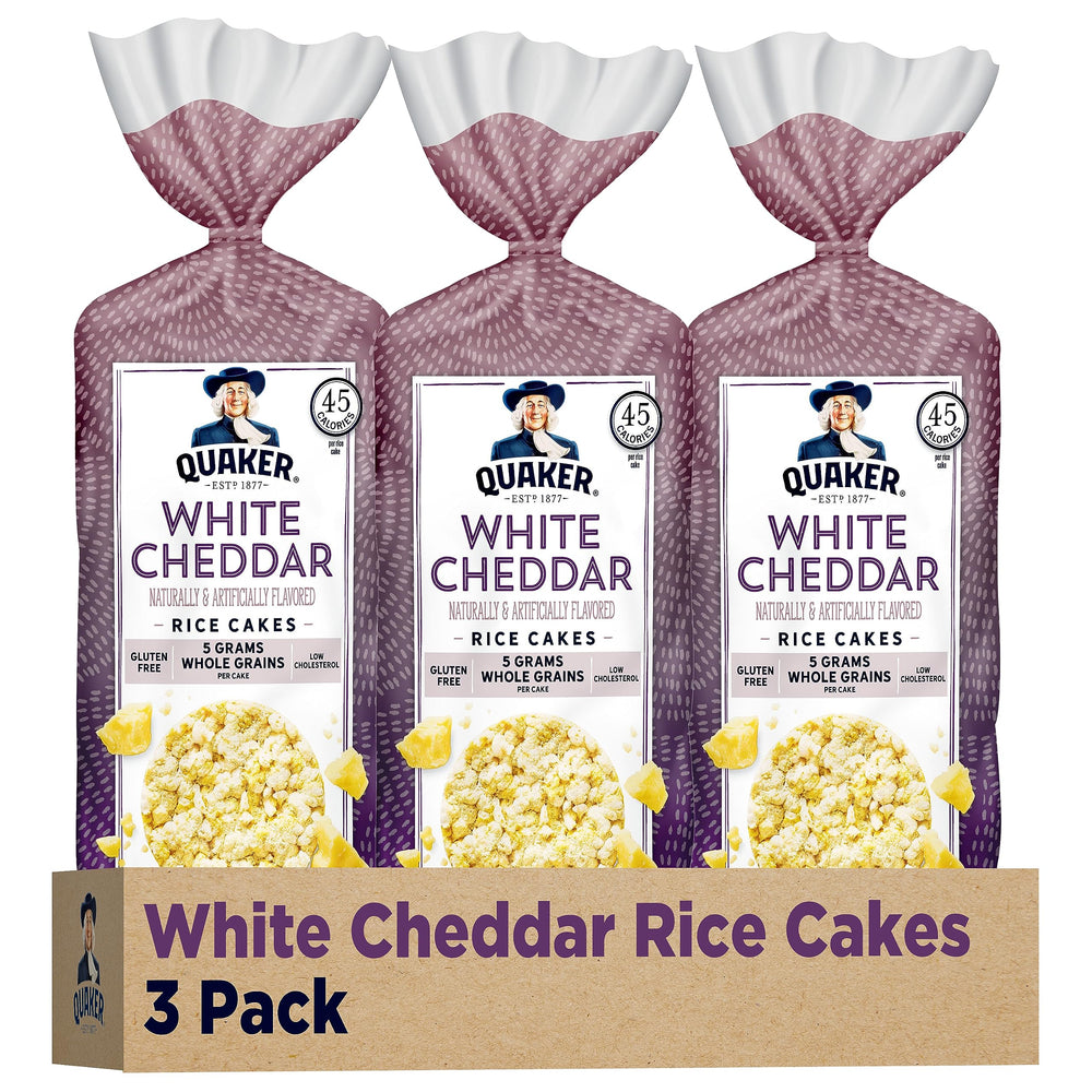 Quaker Large Rice Cakes White Cheddar front view, ready for tasty toppings.
