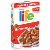 Quaker Life Cereal Cinnamon box on display highlighting cinnamon flavor