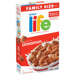 Quaker Life Cereal Cinnamon box on display highlighting cinnamon flavor