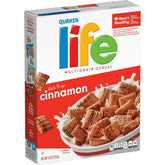 Quaker Life Multigrain Cinnamon cereal box front with bowl for a wholesome breakfast.