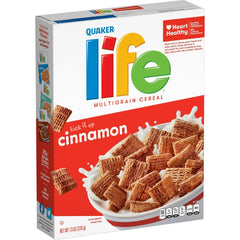 Quaker Life Multigrain Cinnamon cereal box front with bowl for a wholesome breakfast.