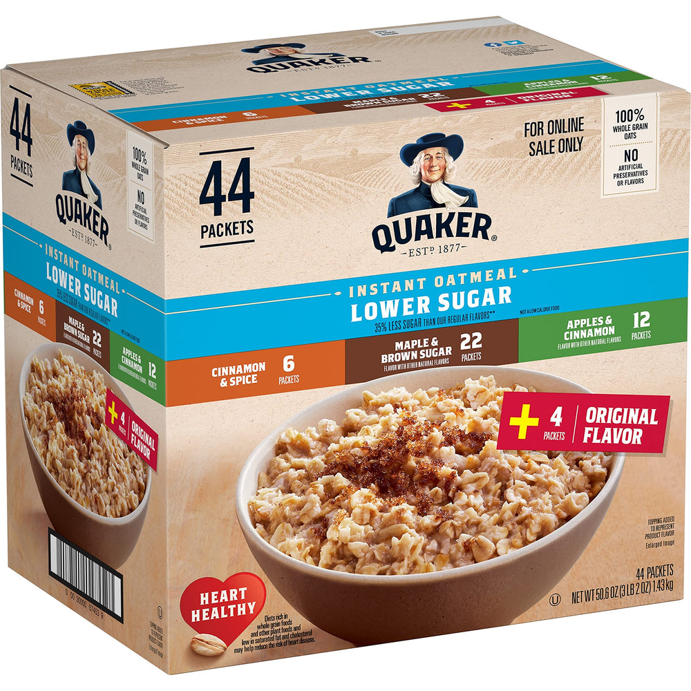 Quaker Lower Sugar Instant Oatmeal front view, quick breakfast option