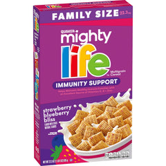 Quaker Mighty Life Multigrain cereal bowl featuring strawberry blueberry bliss for a tasty morning