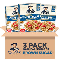 Quaker Oatmeal Squares brown sugar boxes showcase the 3-pack for easy morning prep.