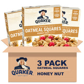 Quaker Oatmeal Squares Honey Nut packaging highlights whole grains for breakfast.