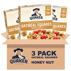 Quaker Oatmeal Squares Honey Nut packaging highlights whole grains for breakfast.