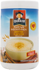 Quaker Oats Cinnamon cereal packaging offers a quick breakfast option.