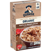 Quaker Organic Instant Oatmeal Maple & Brown Sugar, single-serve packet, quick breakfast option.