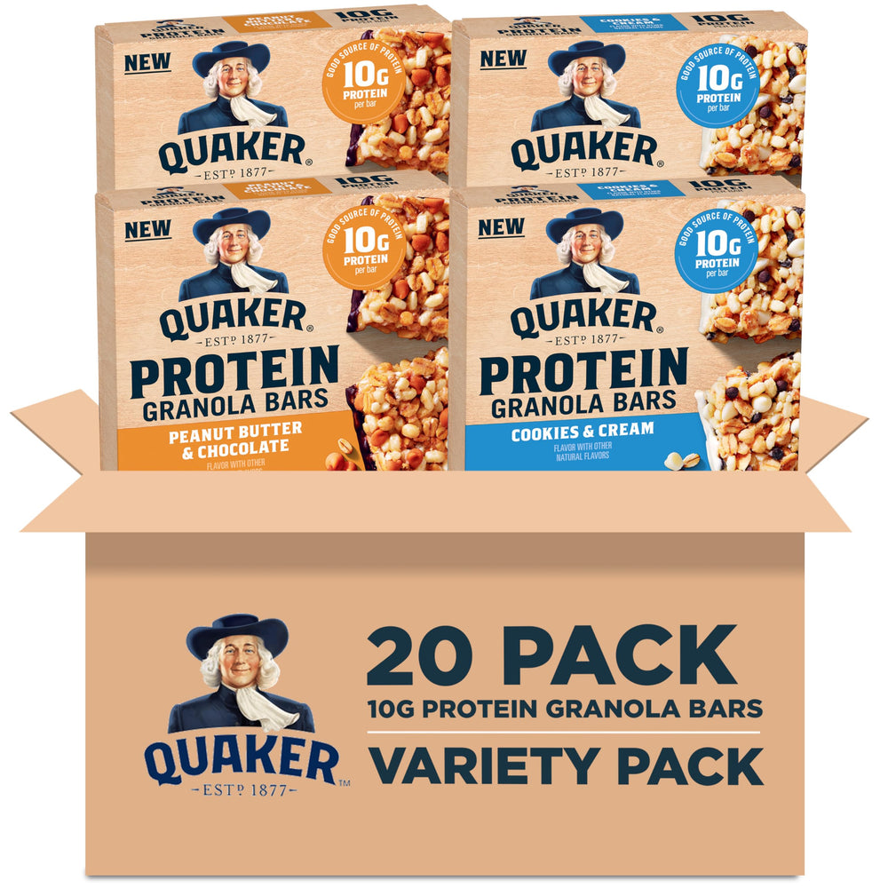 Quaker Protein Granola Bars variety-pack display for convenient daily snacking.