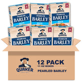 Quaker Quick Barley pack shot showing a 12-pack, pantry staple for soups.