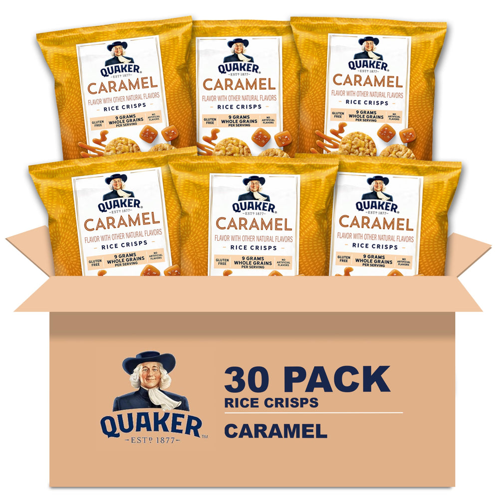 Quaker Rice Crisps Caramel box front view, gluten-free breakfast option for busy mornings.