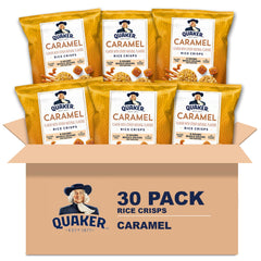 Quaker Rice Crisps Caramel box front view, gluten-free breakfast option for busy mornings.