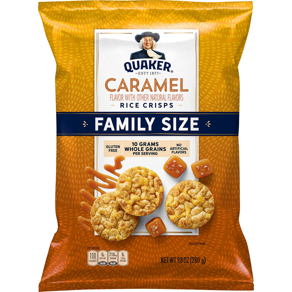 Quaker Rice Crisps Caramel bag showing caramel flavor and gluten-free, low-fat snacking