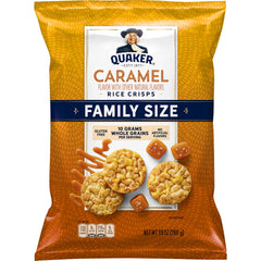 Quaker Rice Crisps Caramel bag showing caramel flavor and gluten-free, low-fat snacking