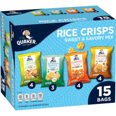 Quaker Rice Crisps variety pack packaging, ideal for on-the-go snacking.