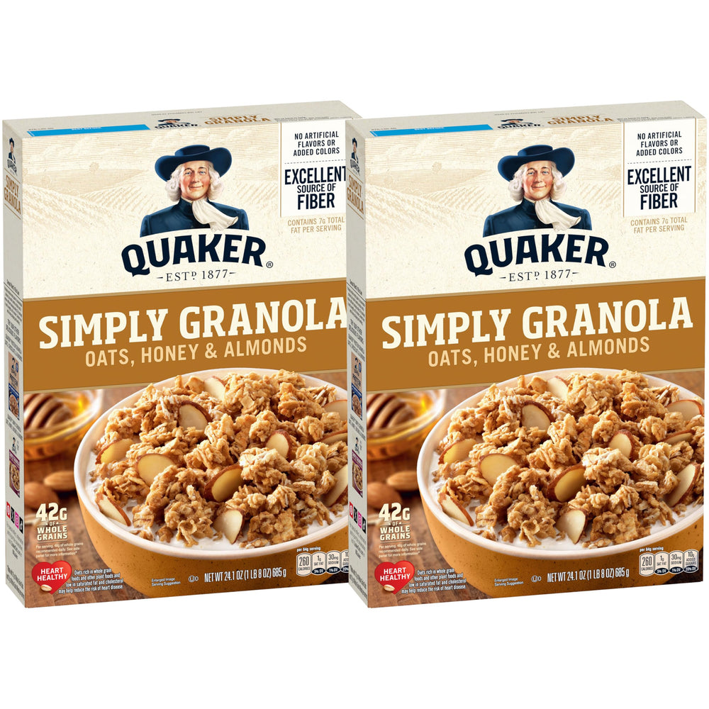 Quaker Simply Granola Honey & Almond box front view, a quick breakfast option.