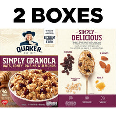 Quaker Simply Granola ingredients featuring honey raisins and almonds for a balanced snack