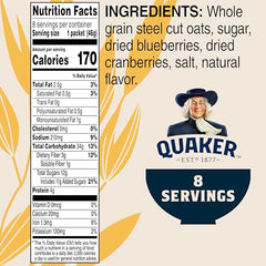 Quaker steel-cut oats packet close-up showing blueberries and cranberries for flavor and texture.