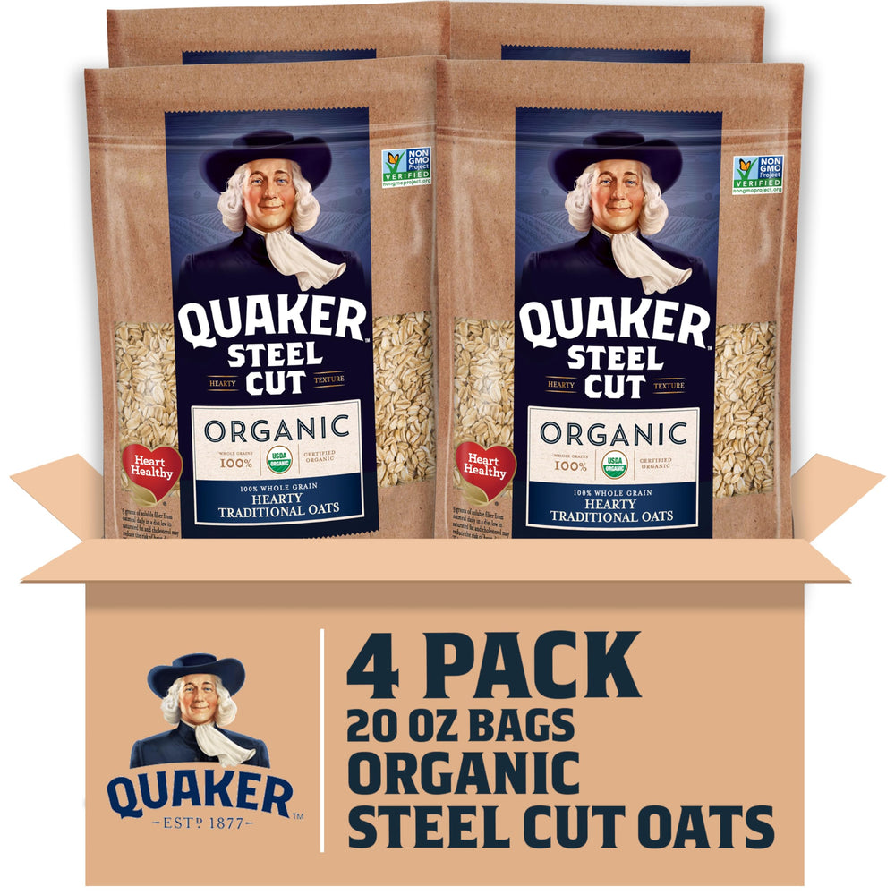 Quaker steel cut oats four-pack bags for easy pantry storage and freshness.