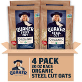 Quaker steel cut oats four-pack bags for easy pantry storage and freshness.