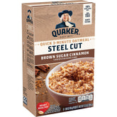 Quaker Steel Cut Quick Oatmeal box with brown sugar cinnamon flavor.
